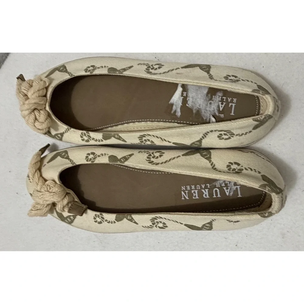 Lauren Ralph Lauren Emilia Y2K Nautical Canvas Ballet Flats Cream Olive Size 7B